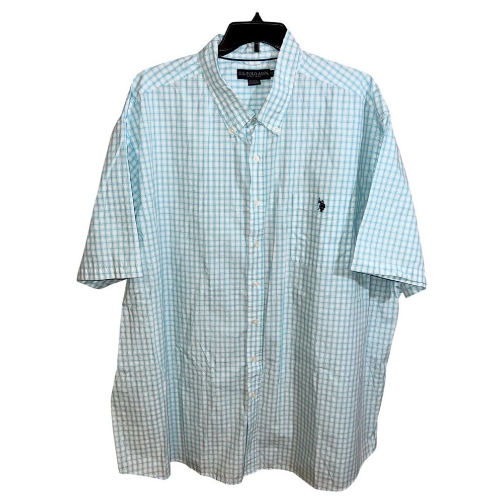 U.S. Polo Assn. Shirt Men’s 4XLT White Teal Checks Short Sleeve Button Front